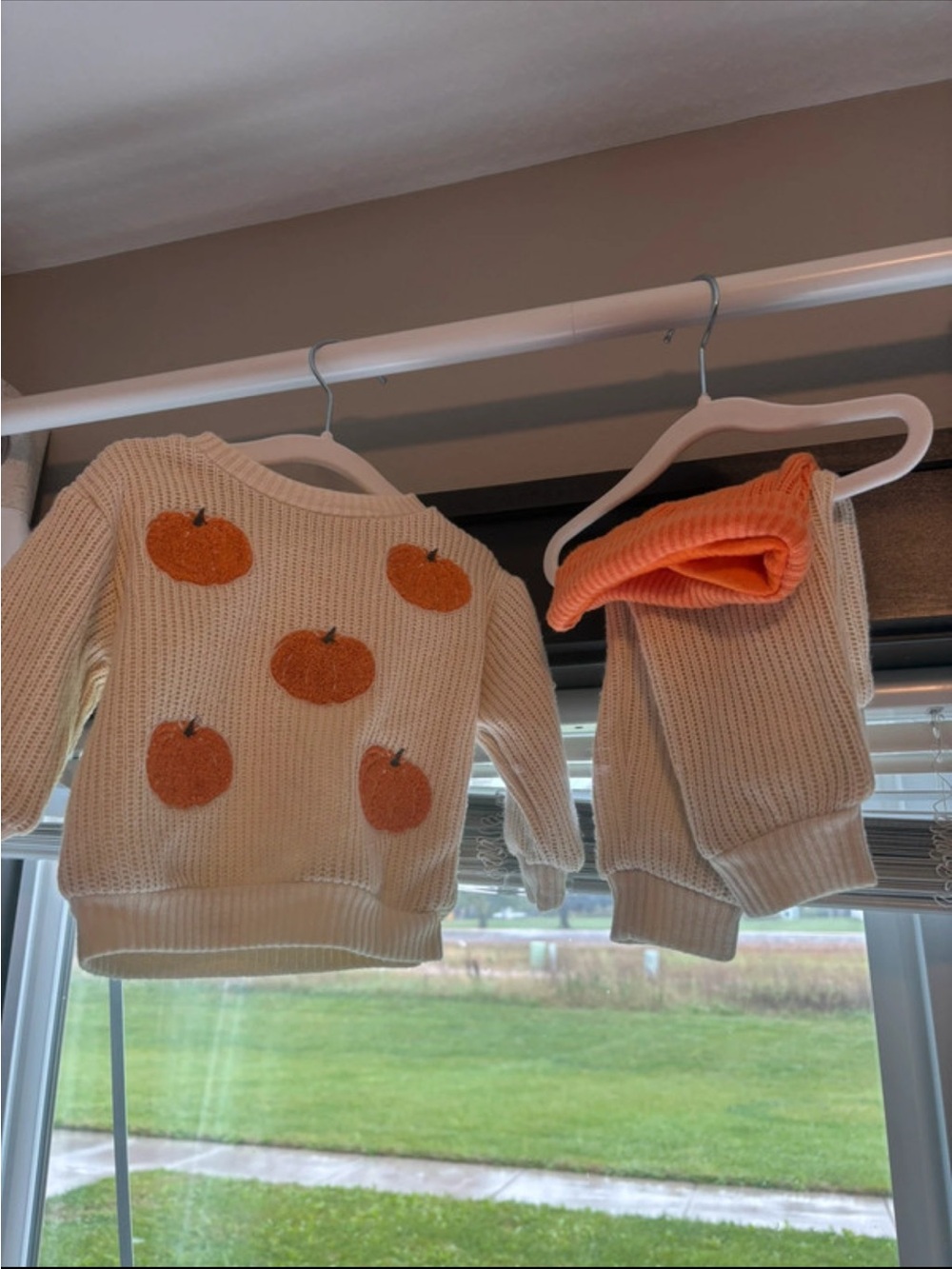 chick pea Cream Knit Sweater & Pants Set with Orange Pumpkin Appliqués